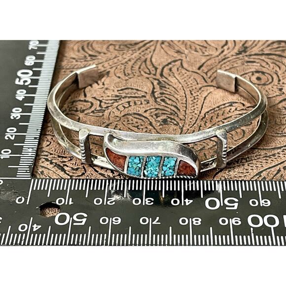 VTG Sterling Silver Turquoise Coral Chip Inlay Cuff Bracelet Navajo Style 19.9g - Picture 14 of 16
